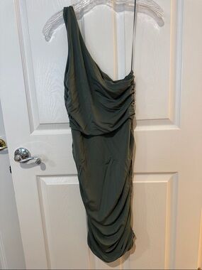 Express Olive Green One-Shoulder Draped Midi Dress